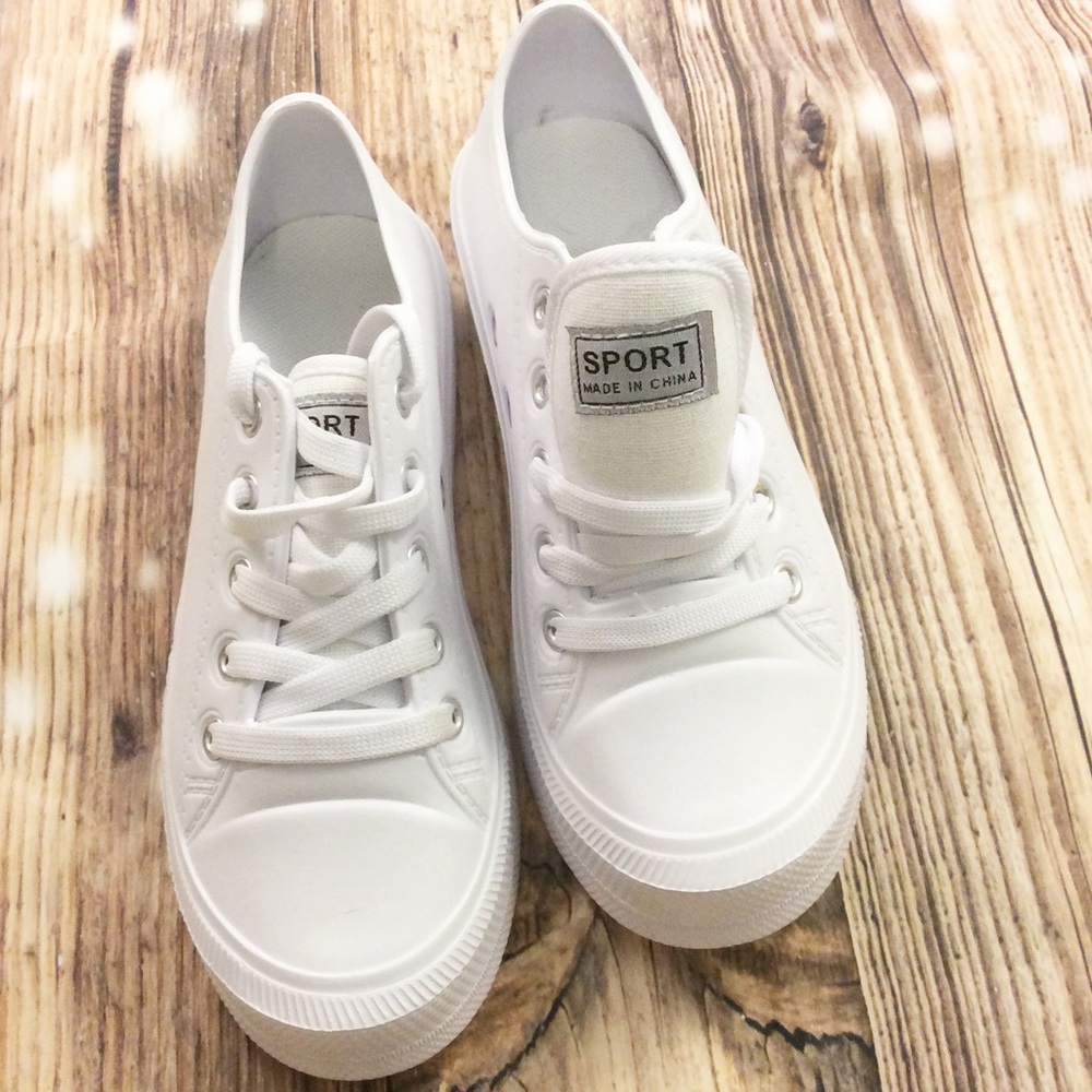 SPORT All White Plastic Low Rise Tennis Shoes